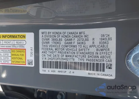 2025 Honda Civic Sport from USA, damaged, VIN 2HGFE2F52SH521778